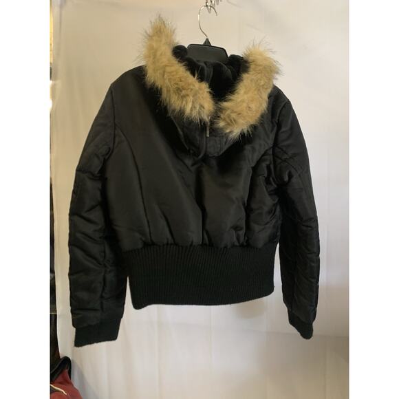 Steve Madden Bomber Jacket L Black Sherpa Faux Fur Hooded - Picture 4 of 7